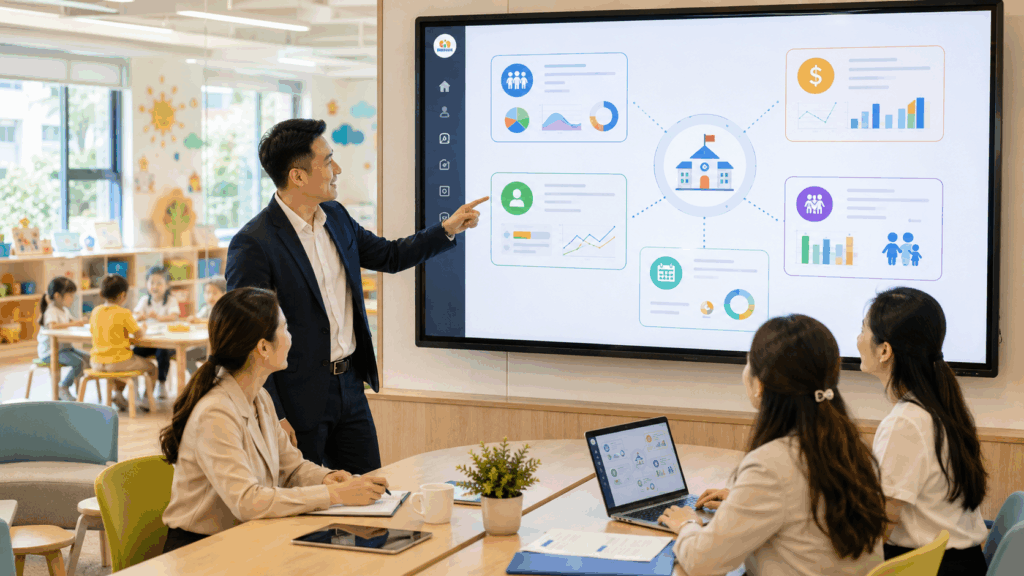 ERP trường mầm non giúp liên thông học sinh học phí nhân sự và điểm danh