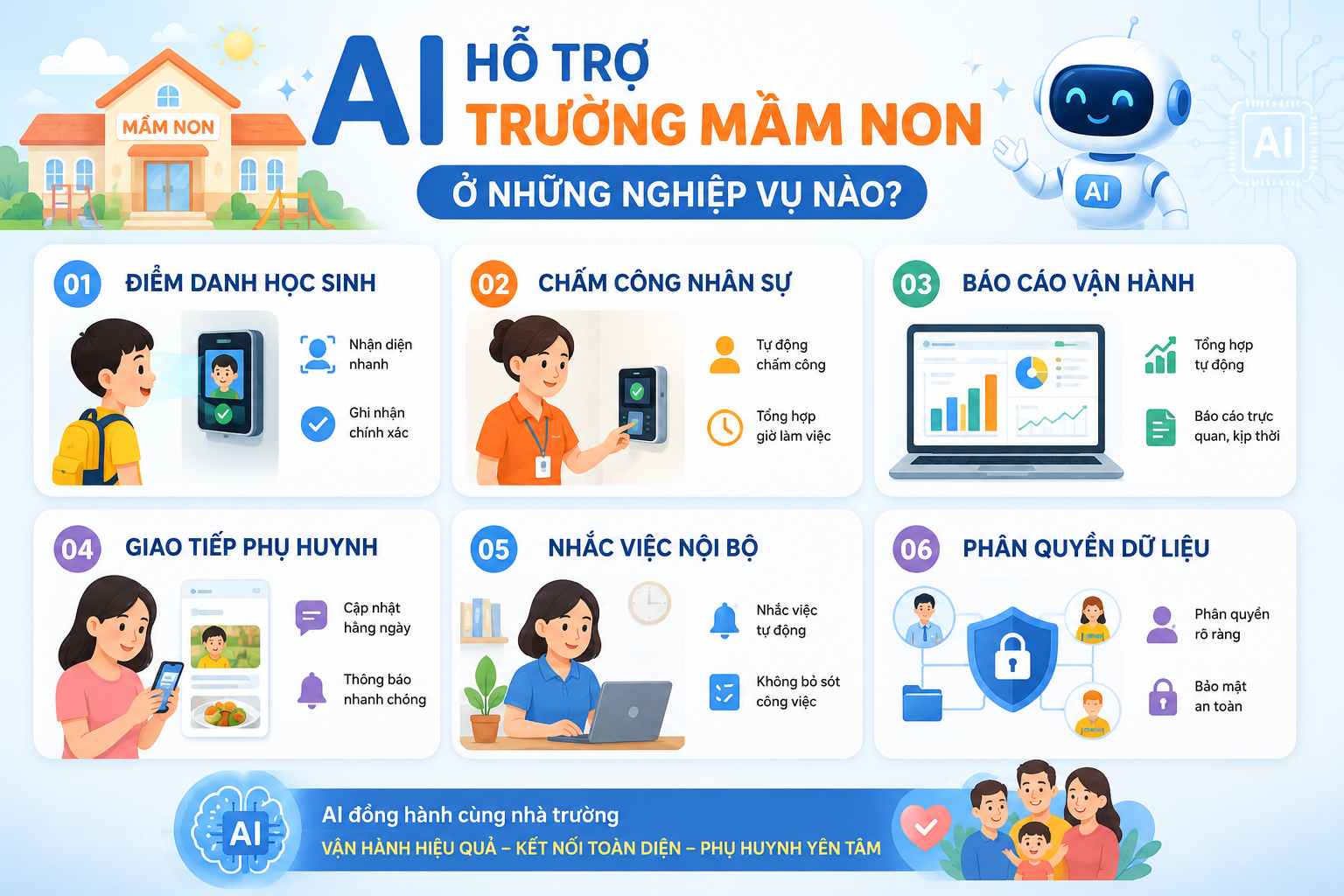 AI quản lý trường mầm non là gì? Ứng dụng thực tế trong vận hành nhà trường 2 AI hỗ trợ vận hành trường mầm non trong điểm danh chấm công báo cáo và giao tiếp